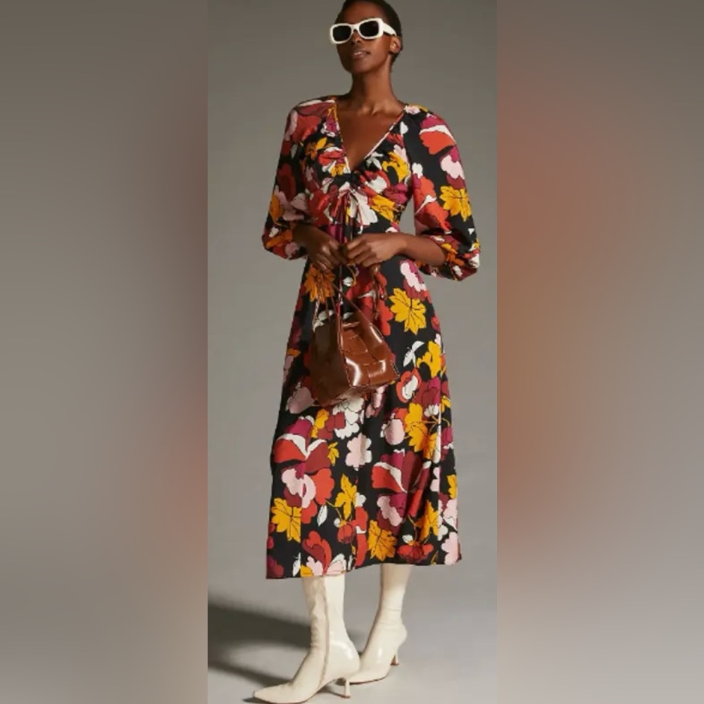 Anthropologie Maeve Floral Deep V Ruched Midi Dress